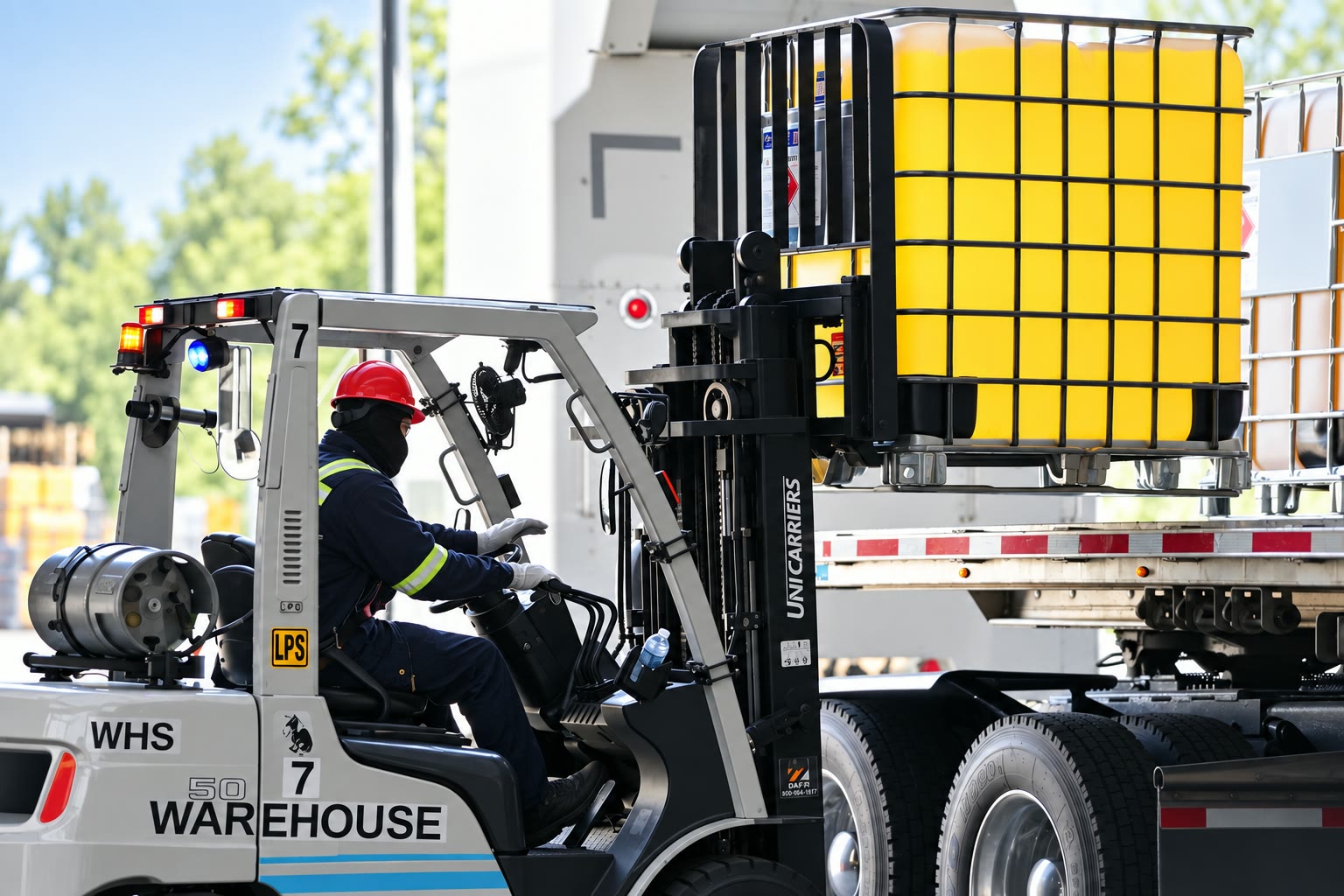 Forklift loading a bulk tote onto a flatbed trailer at the Element Chemicals facility